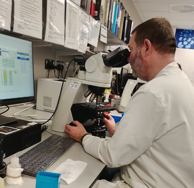 Man sat at desk in laboratory looking down microscope